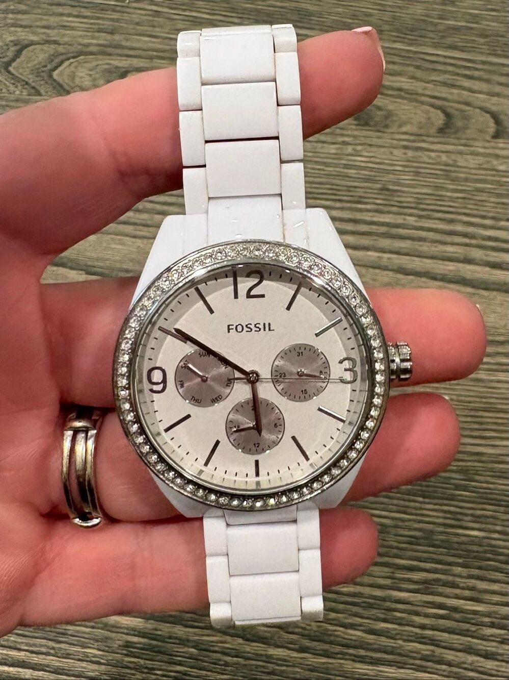 Fossil Womens Watch Chronograph Crystal Bezel White Ceramic Bracelet BQ3343